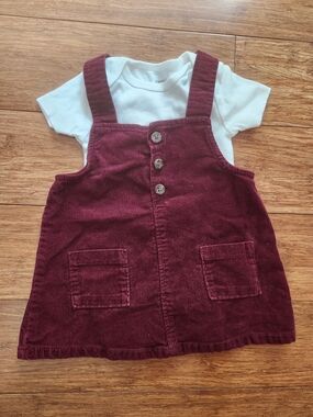 Old Navy Burgundy Corduroy Pinafore Overall Dress with White Bodysuit, 9 Month